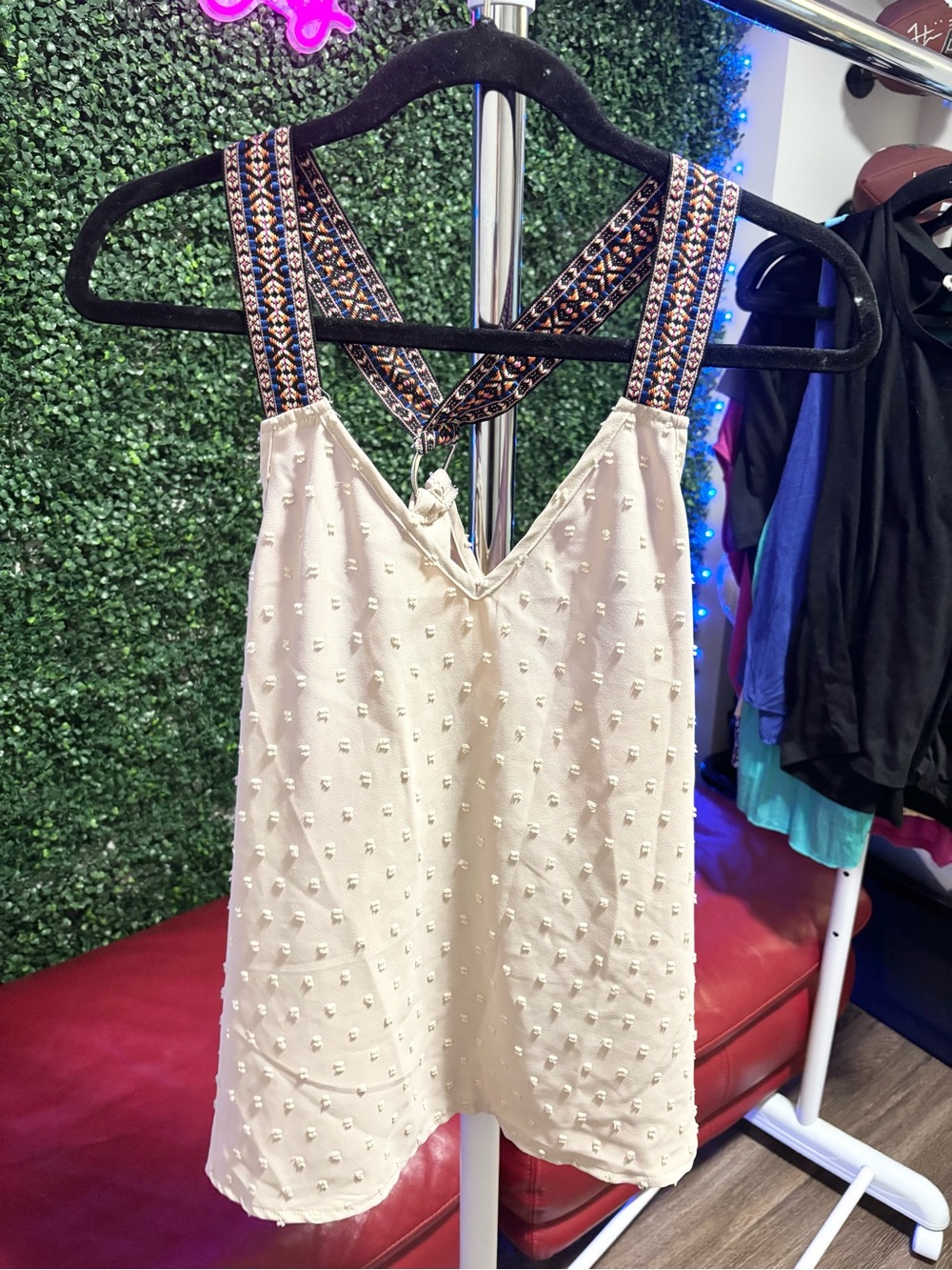 Women’s Cream Tank with Embroidered Straps